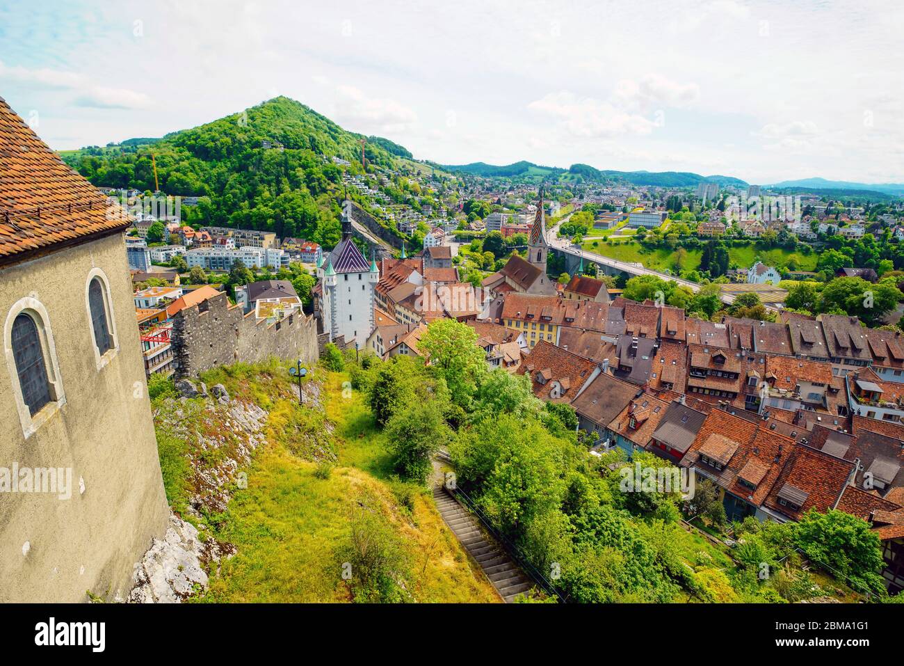 Aerial view of the swiss city of Baden and the surrounding landscape, Canton of Aargau, Switzerland. Stock Photo