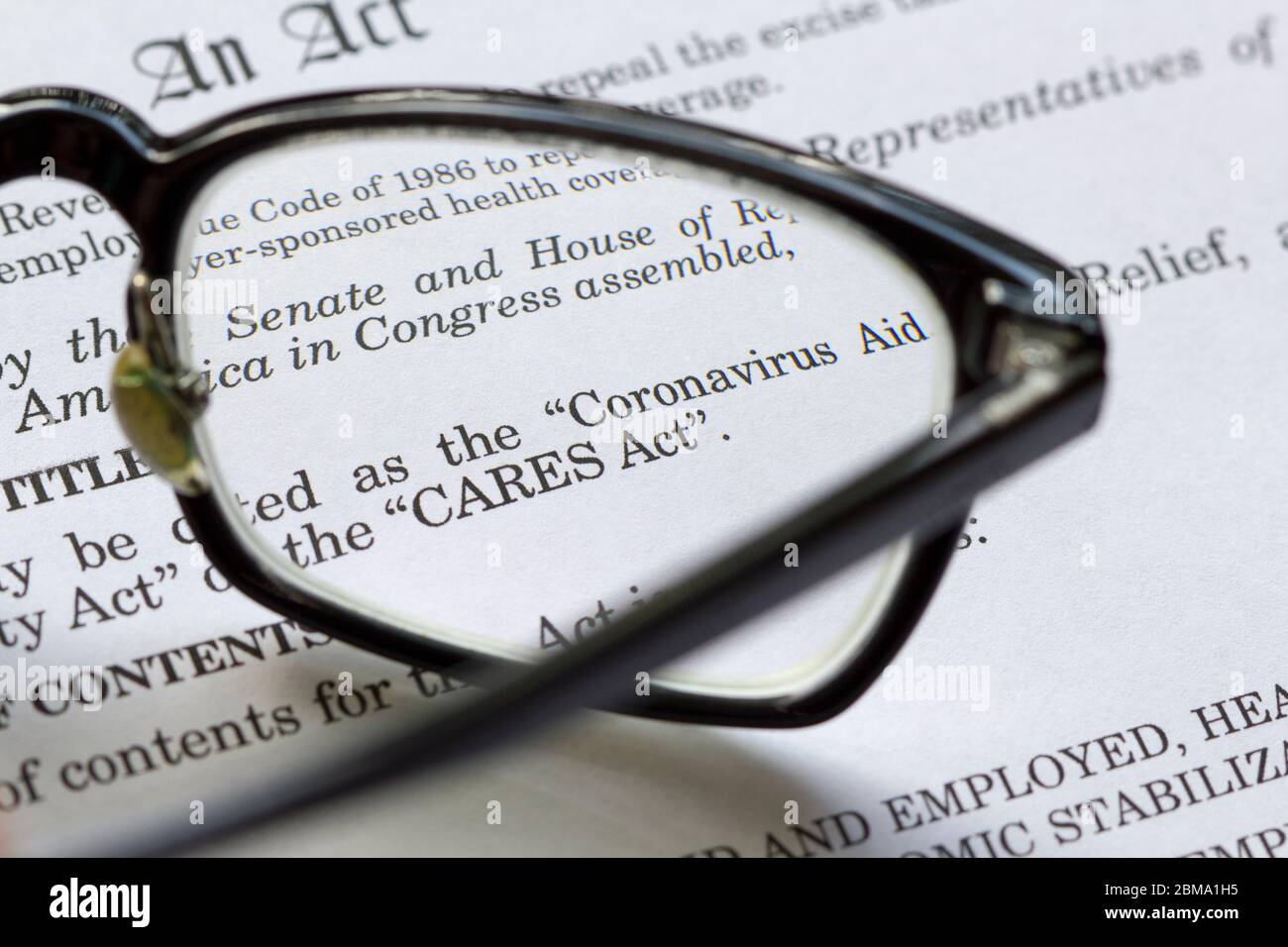 Closeup of the Coronavirus Aid, Relief, and Economic Security Act document. The CARES Act is meant to address the economic fallout of the 2020 COVID. Stock Photo