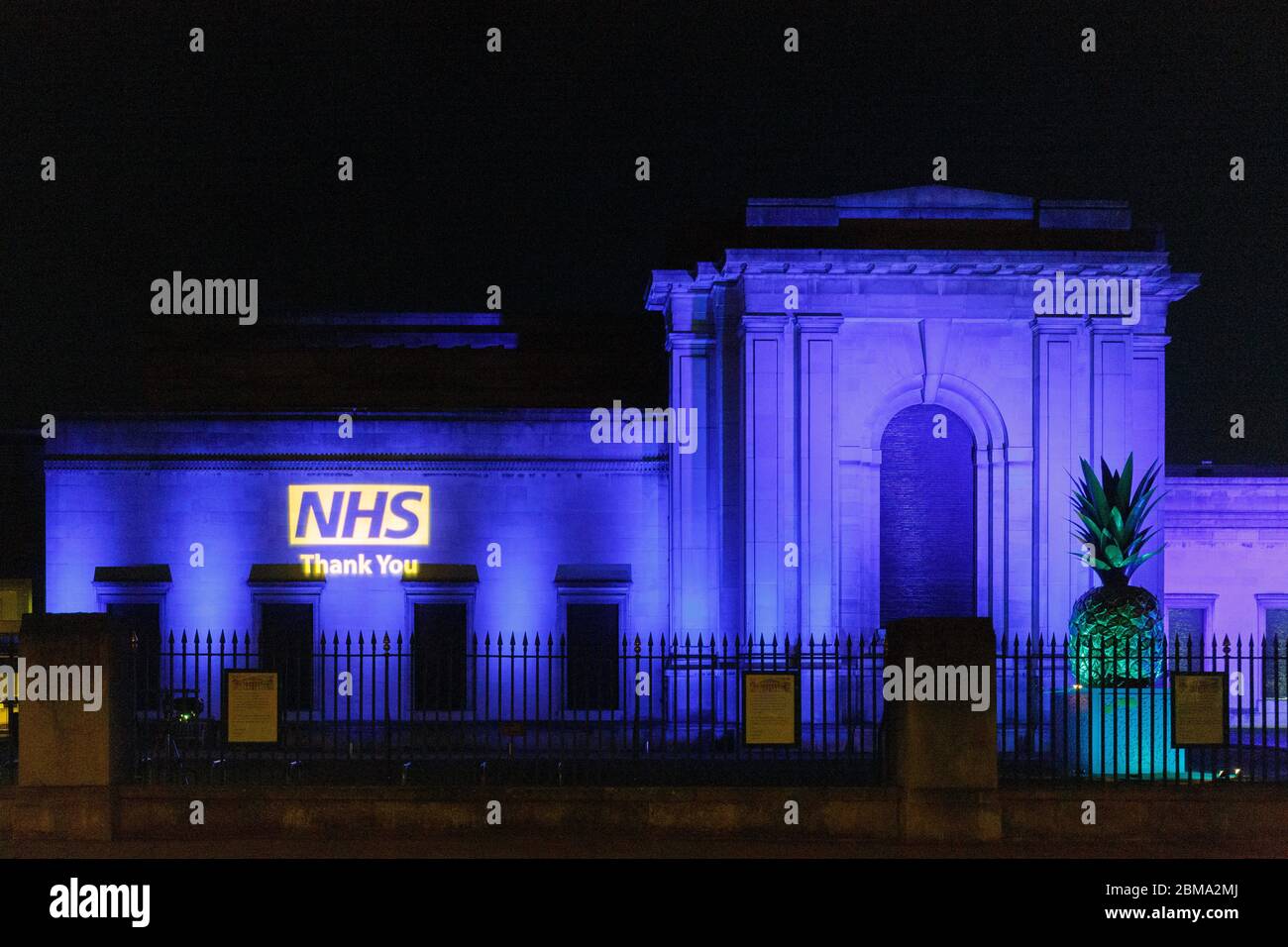 Cambridge, UK. 7th May 2020. Fitzwilliam Museum lit up in blue to express thanks to all frontline NHS health staff during Coronavirus lockdown. Cam News/Alamy Live News Stock Photo