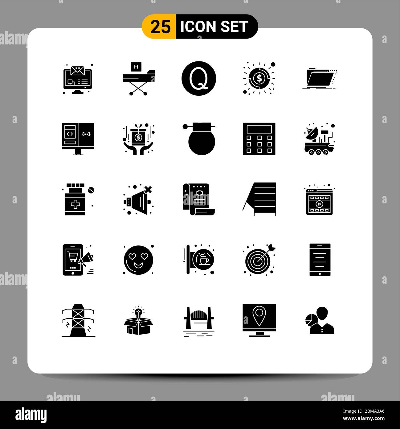 25 Universal Solid Glyph Signs Symbols of directory, archive, quetzal, shine, economy Editable Vector Design Elements Stock Vector