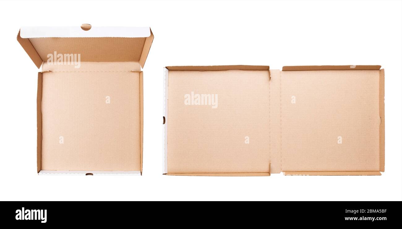 Open empty pizza box set isolated on white background. Flat lay Stock