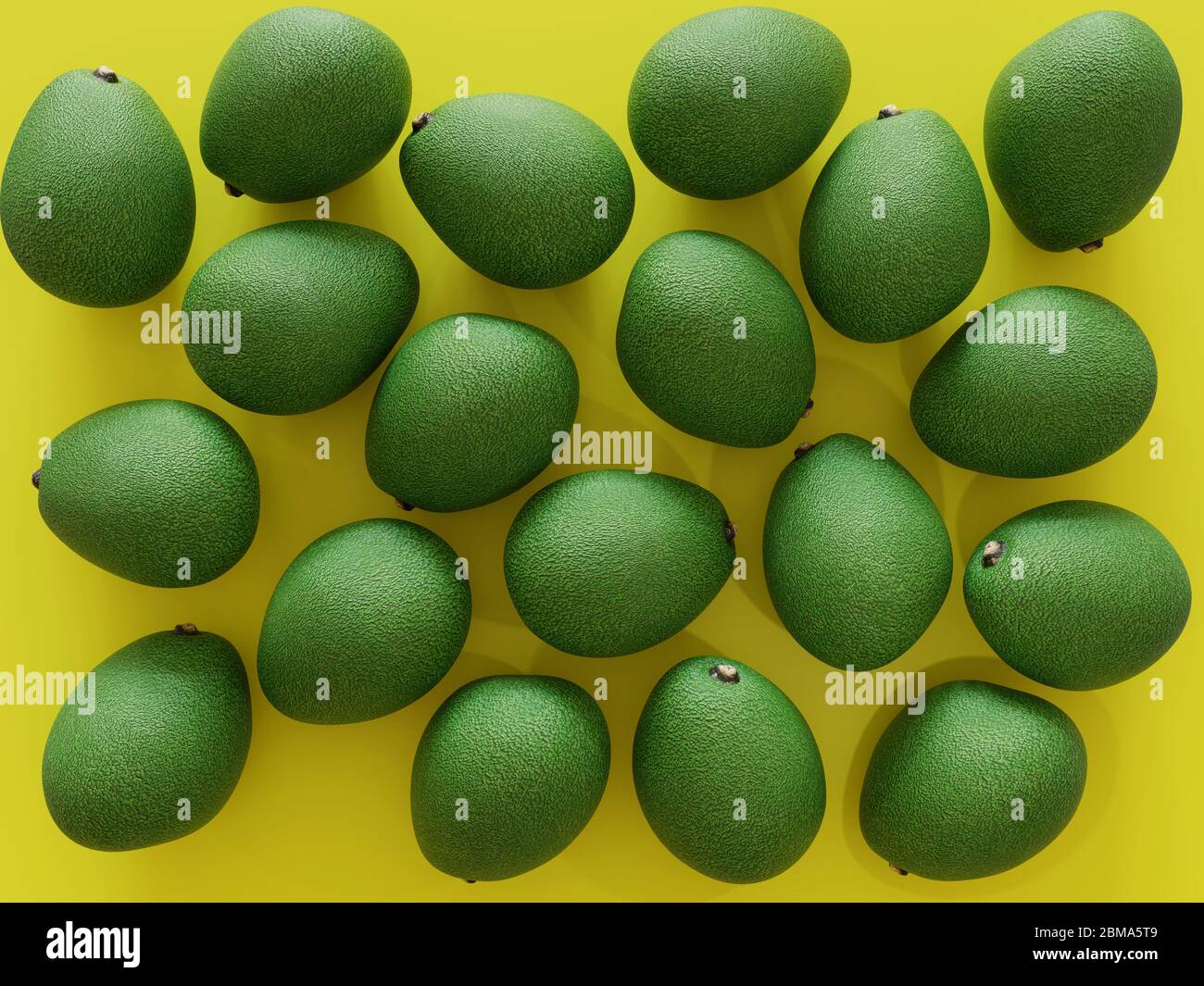 Avocados group placed in a yellow background studio set top view - 3d rendering Stock Photo