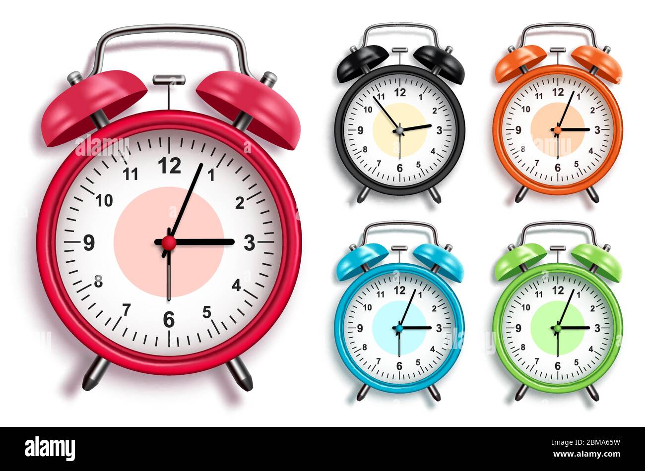Alarm clock vector set. 3D realistic analog alarm clocks in various colors  with glossy looks in front view for design elements. Vector illustration  Stock Vector Image & Art - Alamy