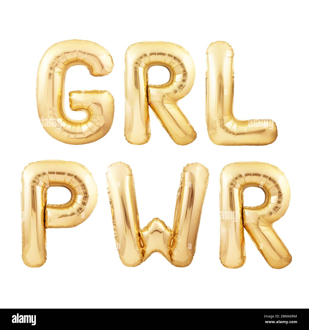 GRL PWR abbreviation for GIRL POWER quote made of golden inflatable balloon letters isolated on white background Stock Photo