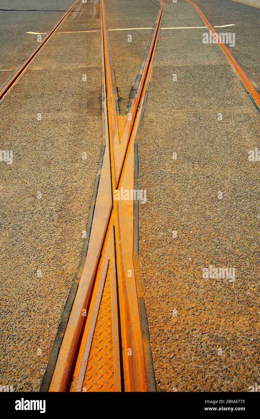 Rusty points on a tram line Stock Photo