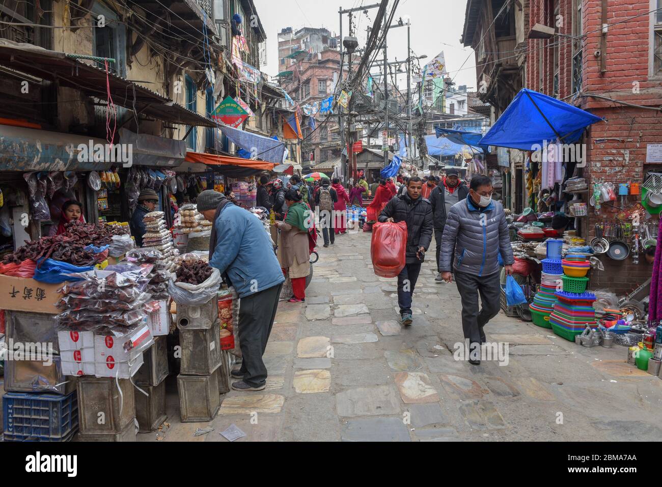 Kathmandu, Nepal - 7 January 2020: people shopping at the market of