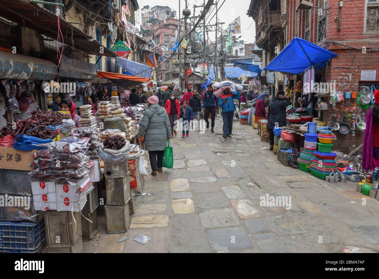 Kathmandu, Nepal - 7 January 2020: people shopping at the market of