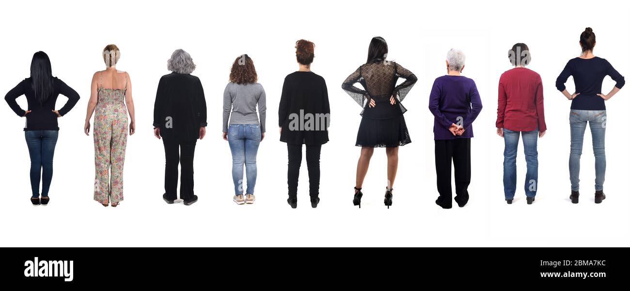 group of woman from behind on white background Stock Photo Alamy