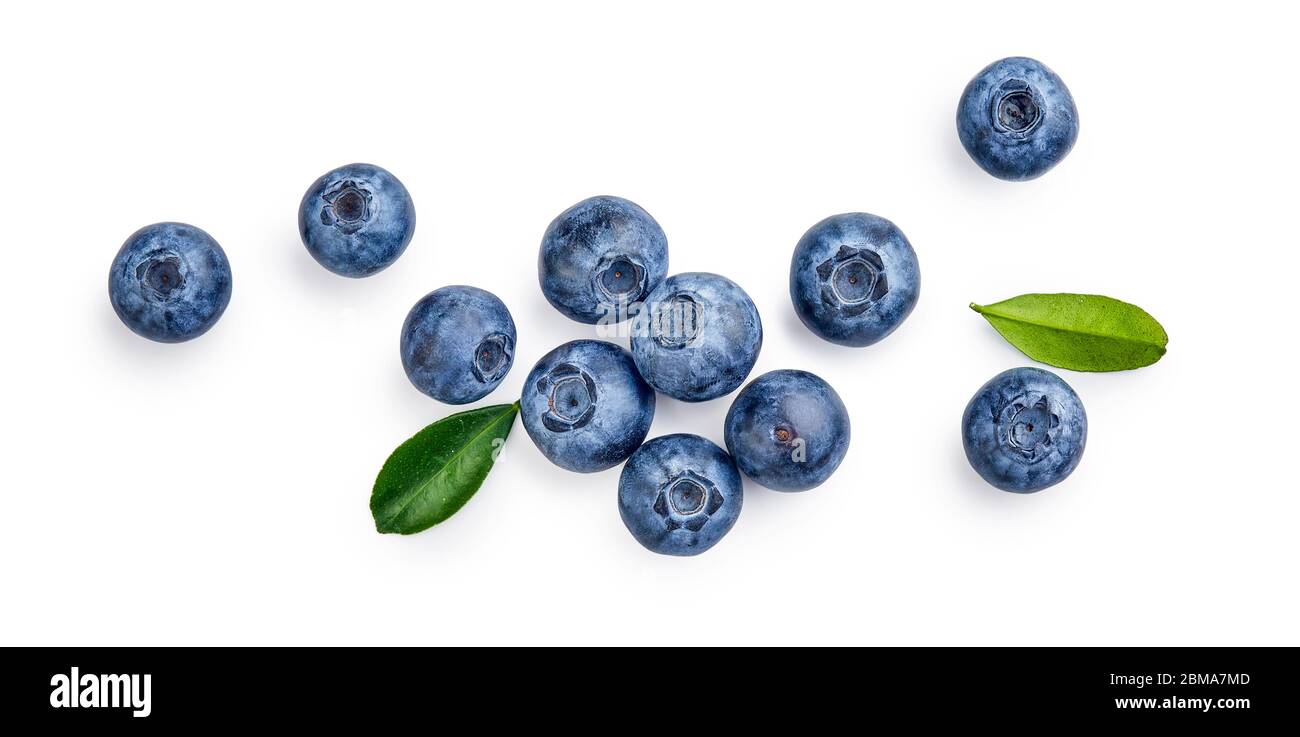 Fresh blueberries with bluberry leaves isolated on white background. Top vew. Stock Photo