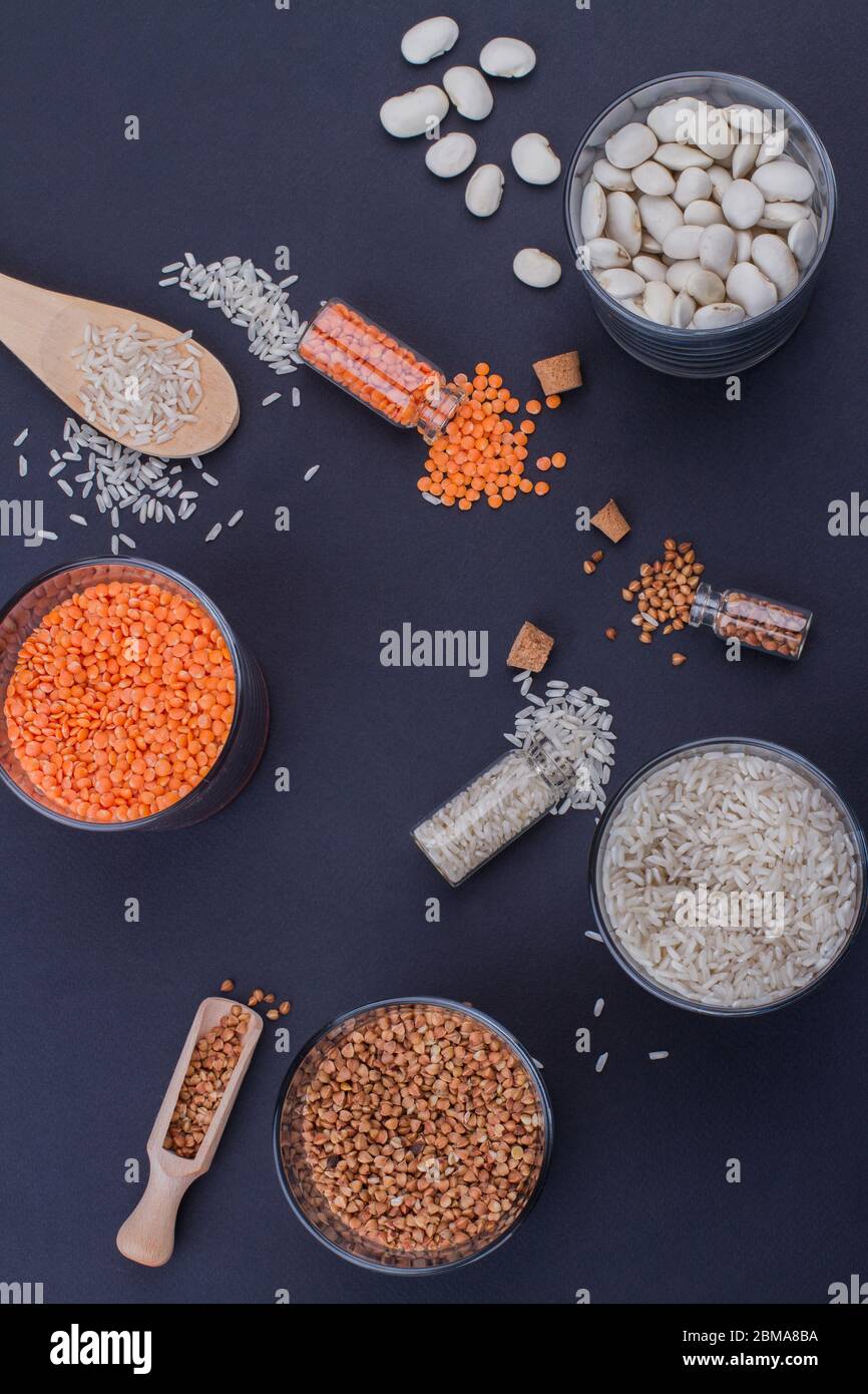 Flat lay glass containers with various grains Stock Photo Alamy