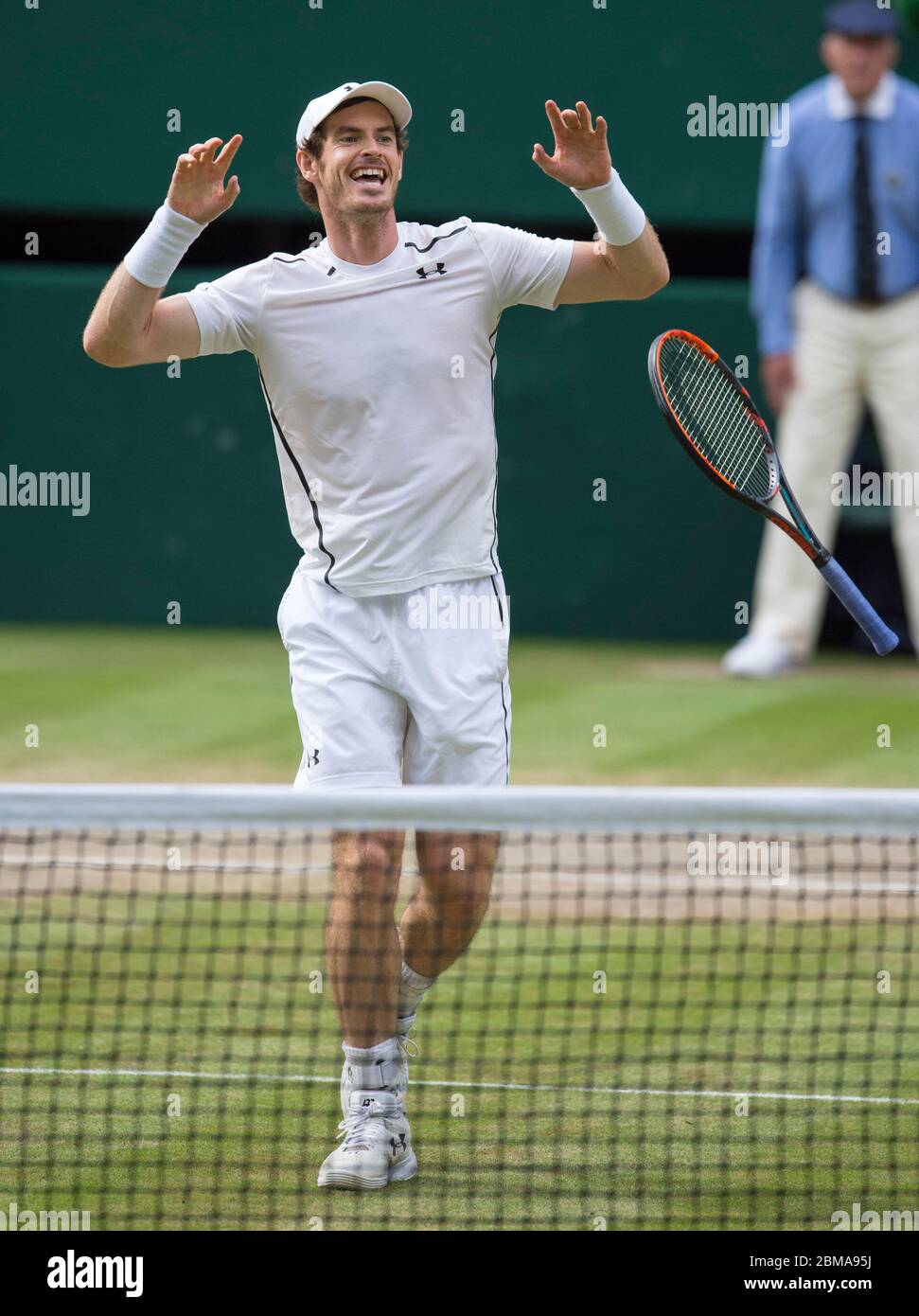 10th July 2016, Centre Court, Wimbledon: Mens Singles Final, Andy Murray celebrates after defeating Milos Raonic to win Wimbledon for the second time. Stock Photo