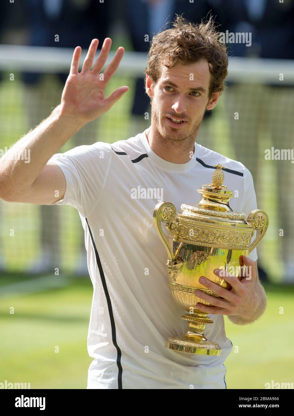 10th July, 2016, Wimbledon, London: Mens Singles Final, Centre Court, Andy Murray holds the Wimbledon trophy after defeating Canada's Milos Raonic. Stock Photo