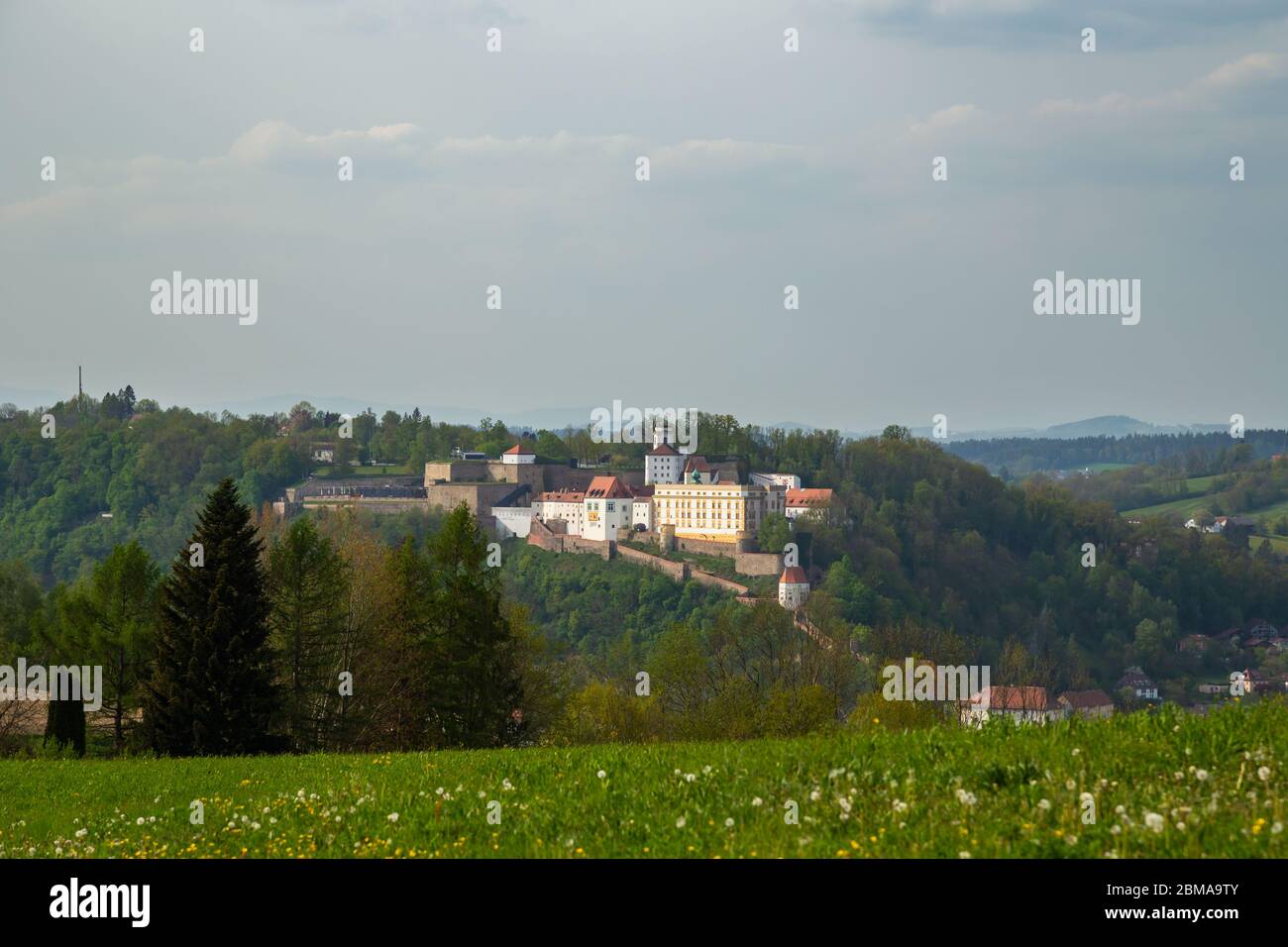 Beautiful view towards fortress 'Veste Oberhaus' in Passau, Germany Stock Photo