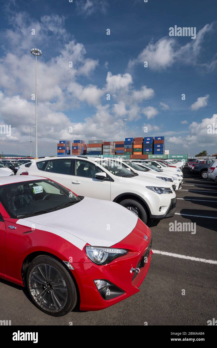 Cars parked on commercial dock ready for export, Manzanillo