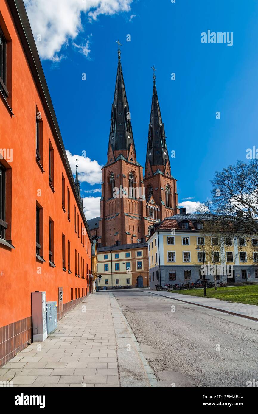 Uppsala Cathedral is a cathedral located between the Uppsala University Main Building and the River Fyris in the centre of Uppsala, southeastern Swede Stock Photo