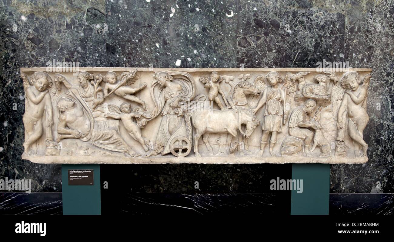 Roman sarcophagus with Endymion and Selene (150-170 AD). Marble relief from Ostia.   NY Carlsberg Glyptotek, Copenhagen, Denmark. Stock Photo