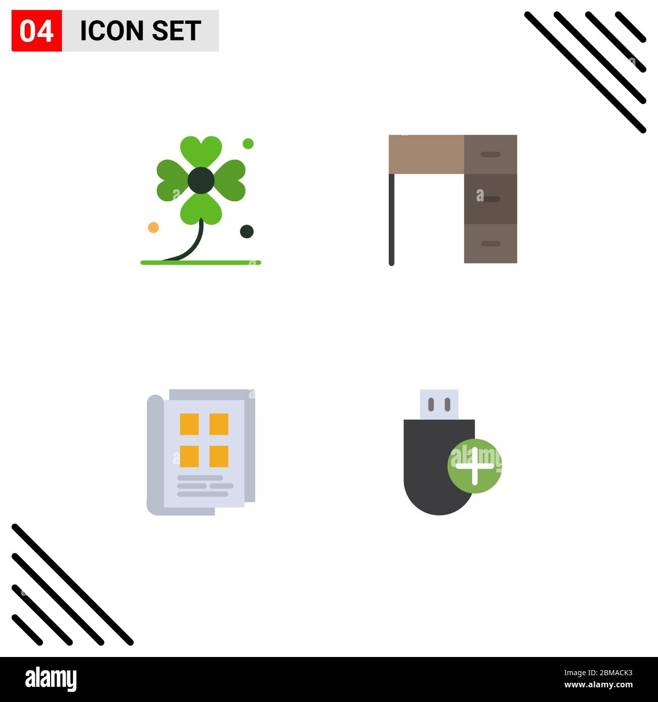 Pack of 4 Modern Flat Icons Signs and Symbols for Web Print Media such as clover, work, irish, furniture, news paper Editable Vector Design Elements Stock Vector