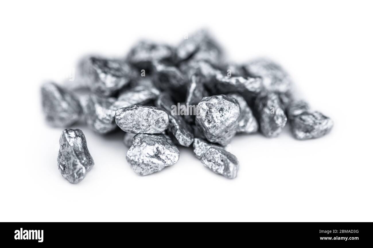 Heap of silver nuggets isolated on white background (close up) Stock Photo