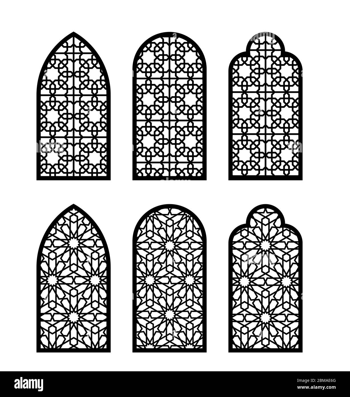Arabesque arch window or door set. Cnc pattern, laser cutting, vector template set for wall decor, hanging, stencil, engraving Stock Vector