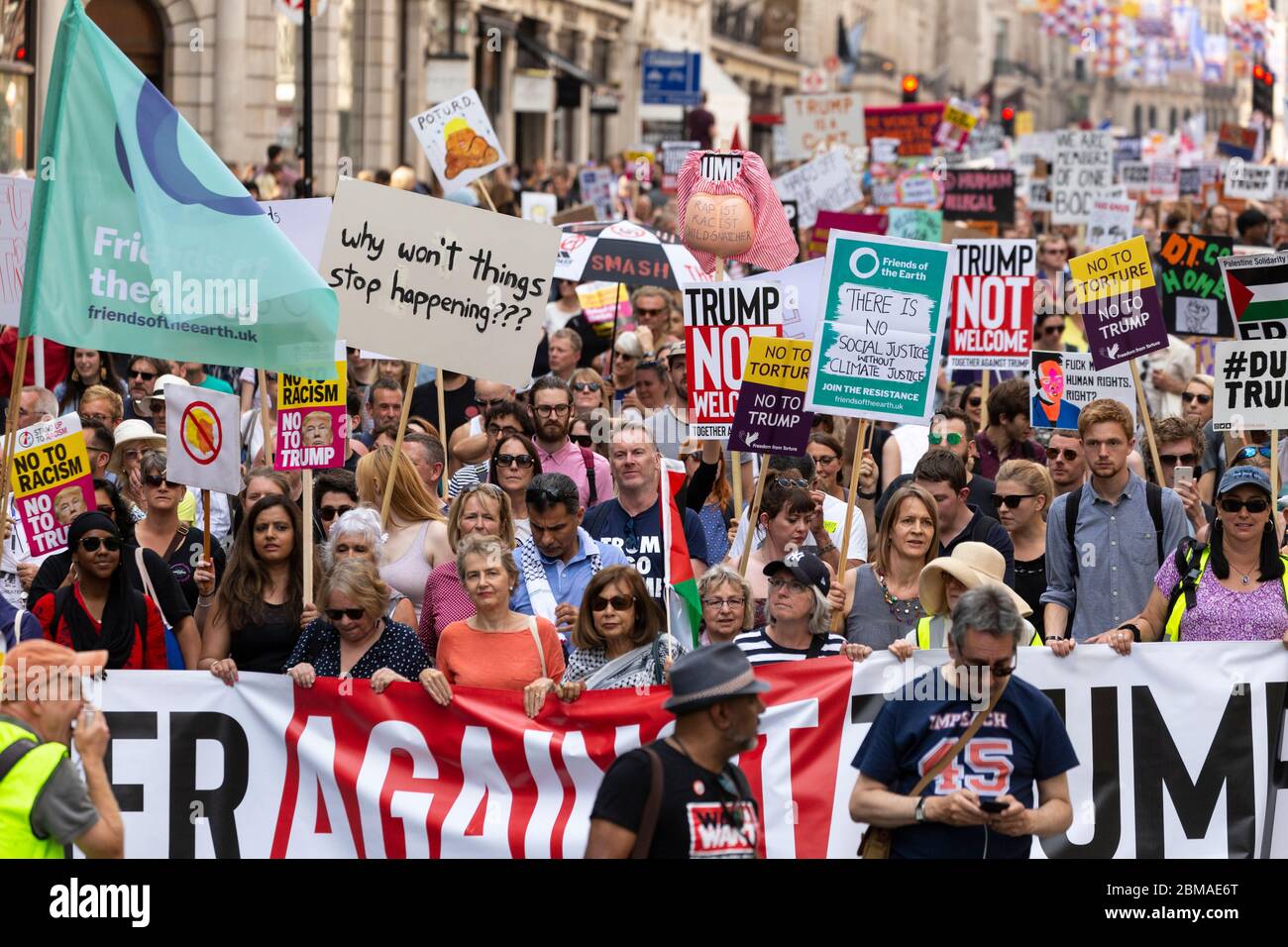 A large crowd marching at the protest and demonstration against Donald Trump's visit to London, 13 July 2018 Stock Photo