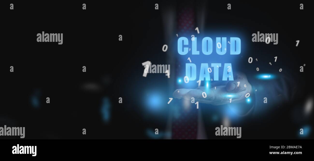 Cloud computing concept - connect to data cloud. Businessman or information technologist hold information cloud on his palm. Stock Photo