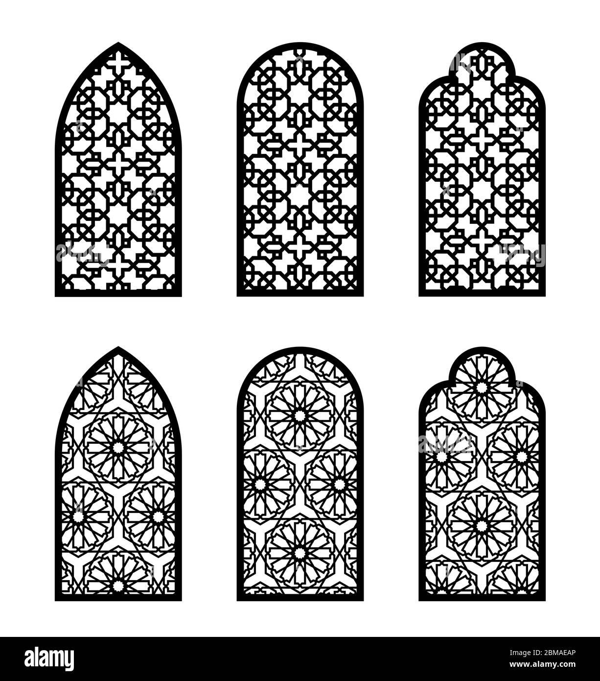 Islamic arch window or door set. Cnc pattern, laser cutting, vector template set for wall decor, hanging, stencil, engraving. Islamic decorative Stock Vector