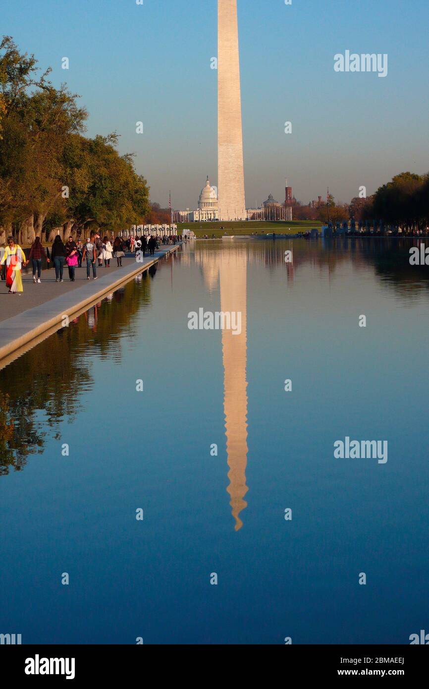 The Washington Monument from the Lincoln Memorial Reflecting Pool and capitol building in far distance, Washington DC,USA Stock Photo