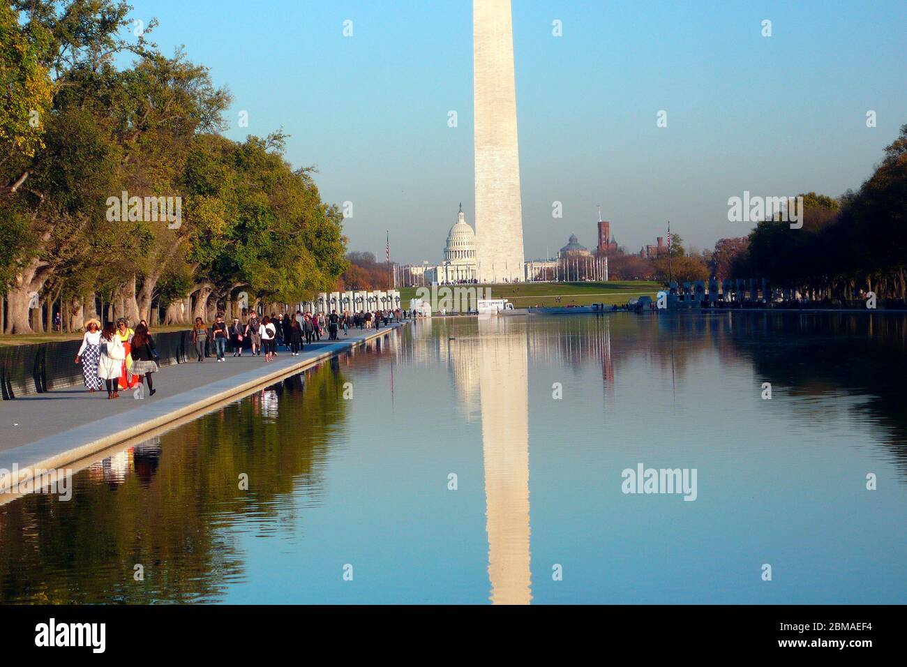 The Washington Monument from the Lincoln Memorial Reflecting Pool and capitol building in far distance, Washington DC,USA Stock Photo