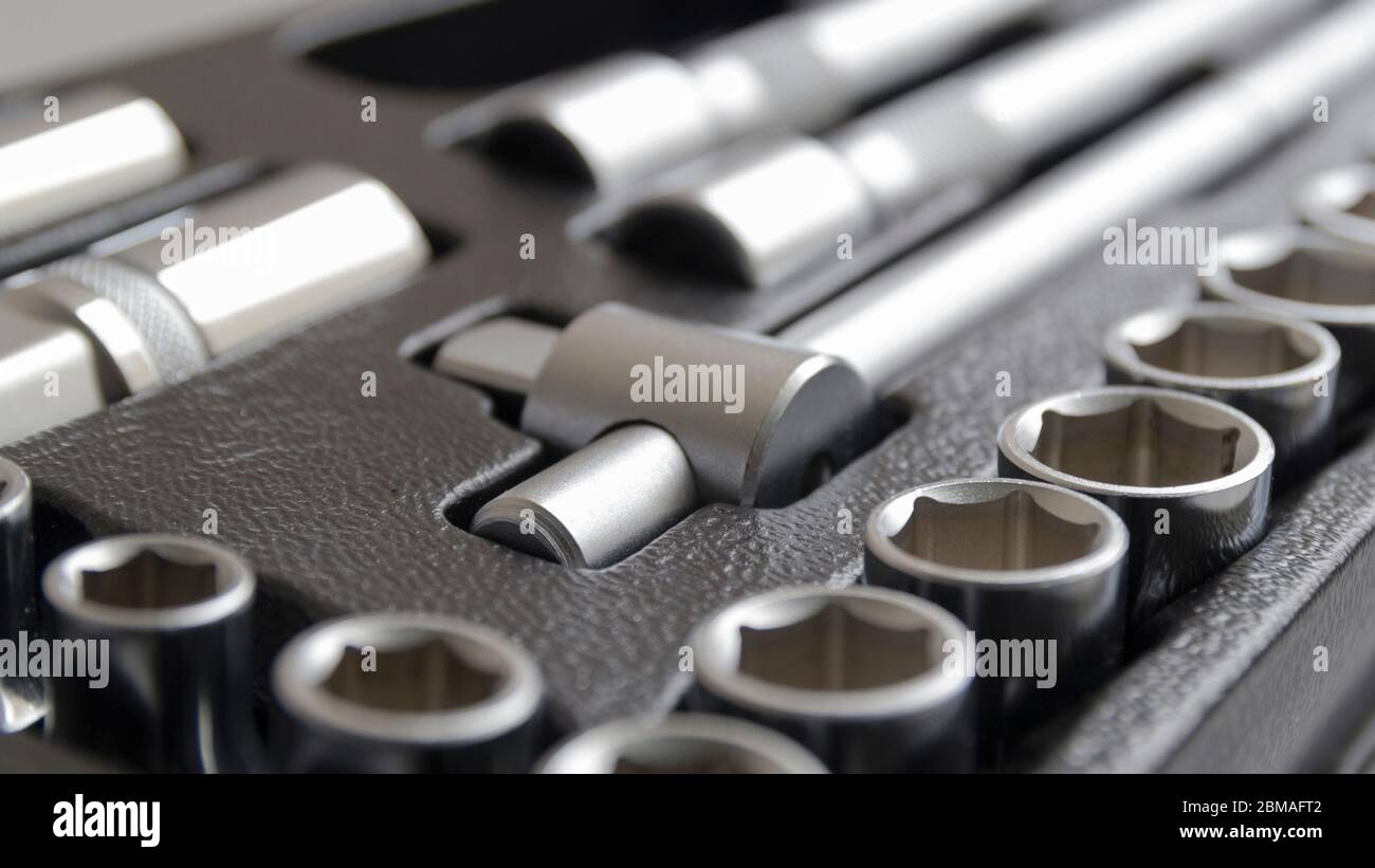 Socket wrench toolbox background. Selective focus. Stock Photo