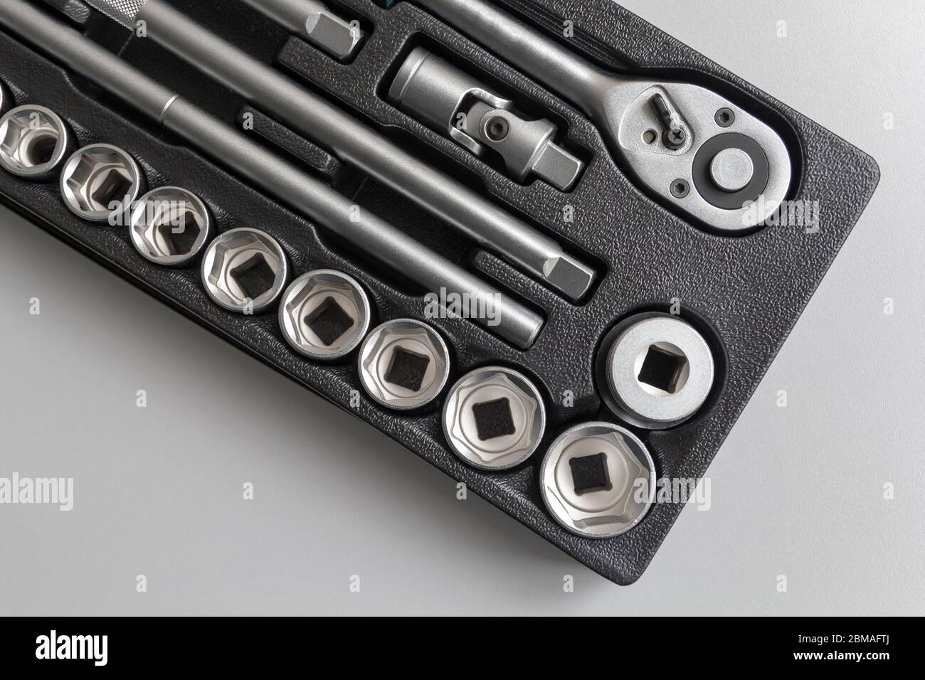 Socket wrench toolbox background. Selective focus. Stock Photo