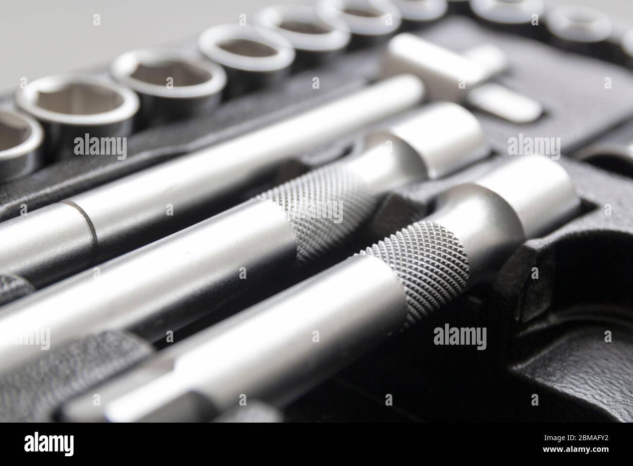 Socket wrench toolbox background. Selective focus. Stock Photo