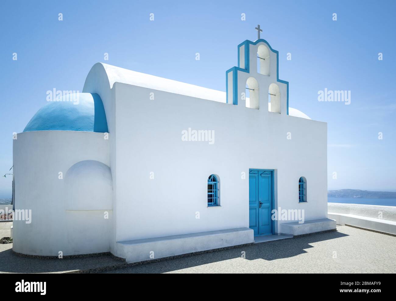 white blue church on island Santorin, Greece, Cyclades, Santorin Stock Photo