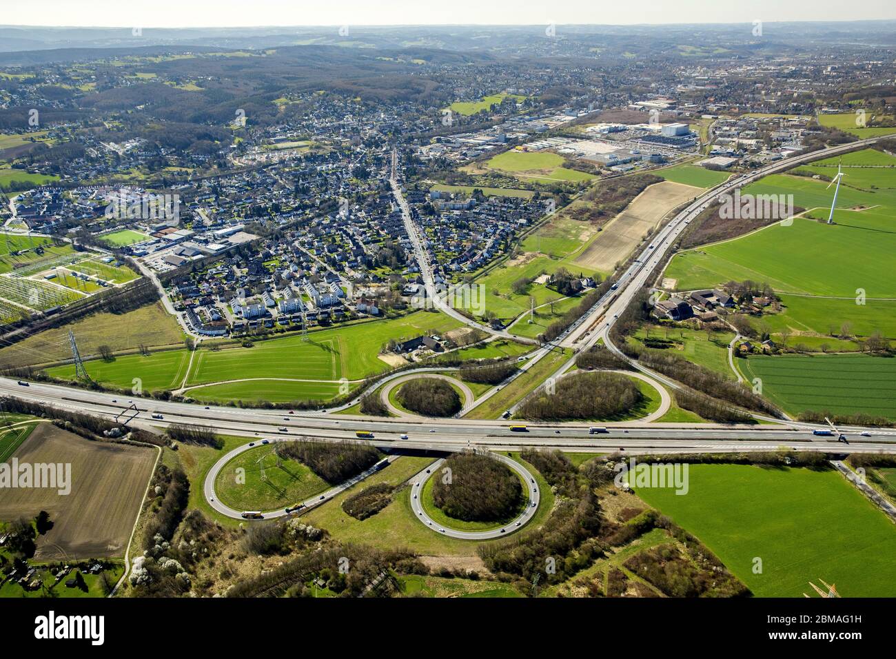 , motorway junction Dortmund/Witten of highway A44 and A45, 27.03.2017, aerial view, Germany, North Rhine-Westphalia, Ruhr Area, Dortmund Stock Photo