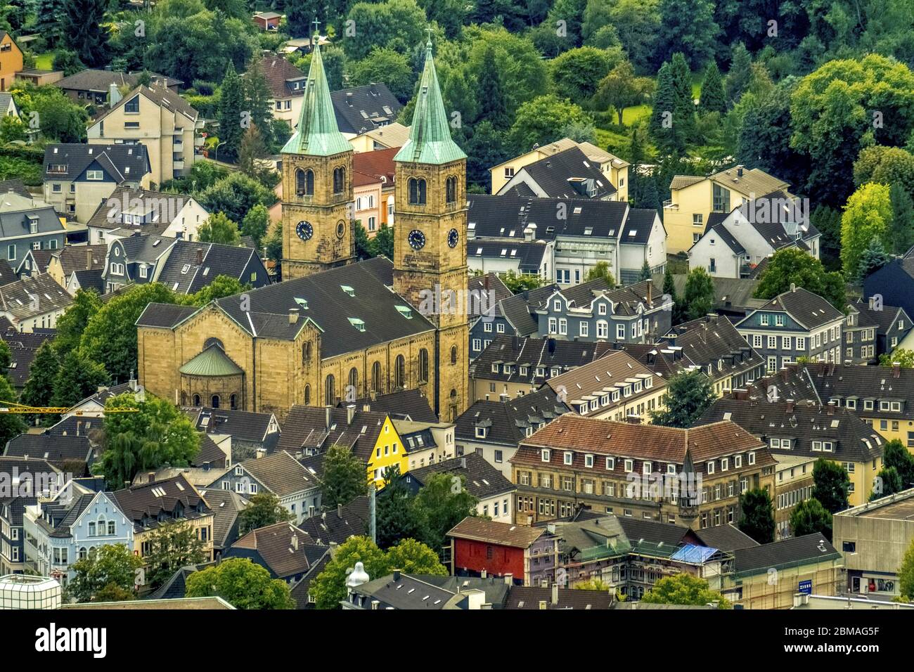 , city centre of Schwelm with church Christuskirche, 31.07.2017, aerial view, Germany, North Rhine-Westphalia, Ruhr Area, Schwelm Stock Photo