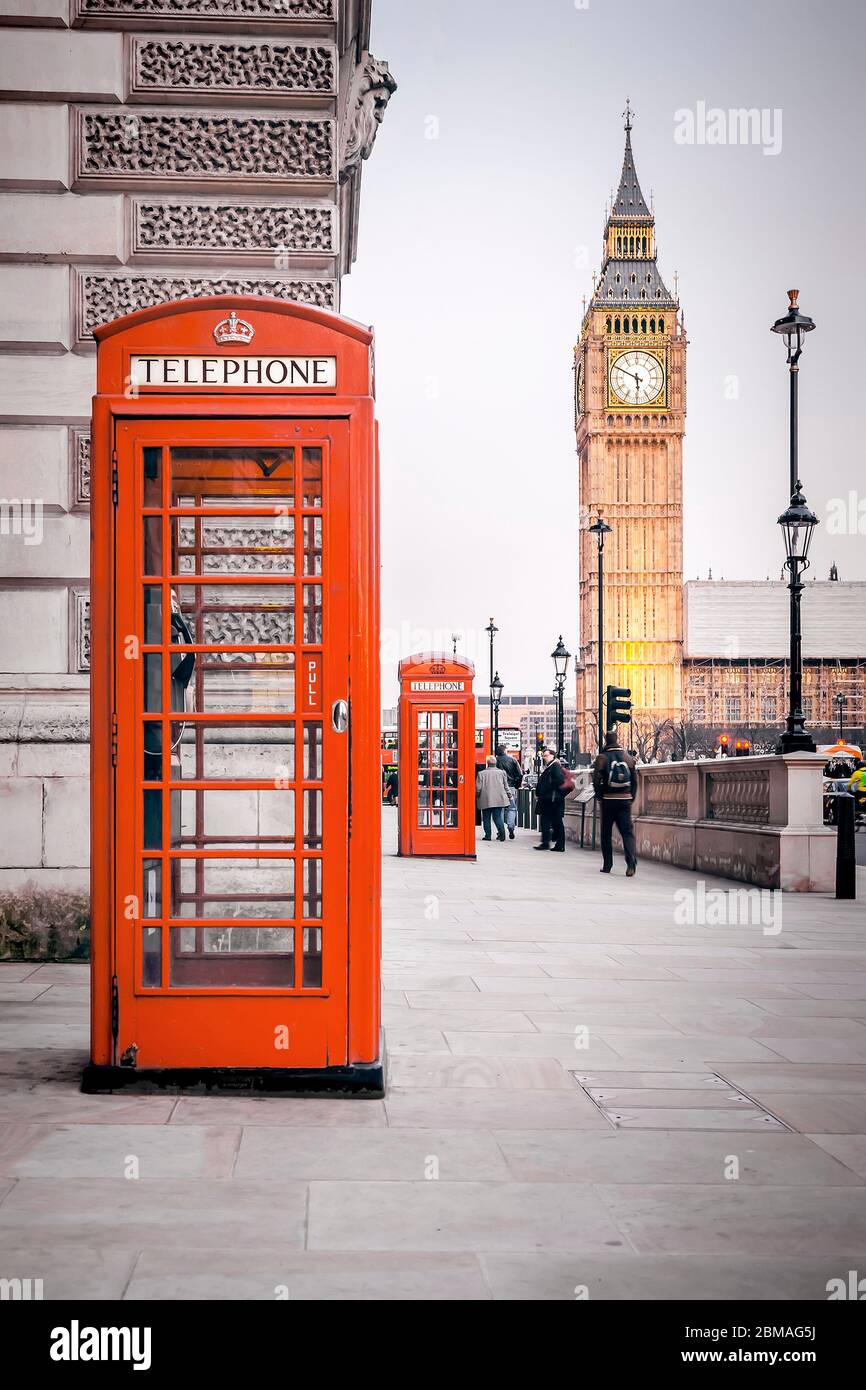classsic red telephone boxes, Big Ben in background, United Kingdom, England, London Stock Photo