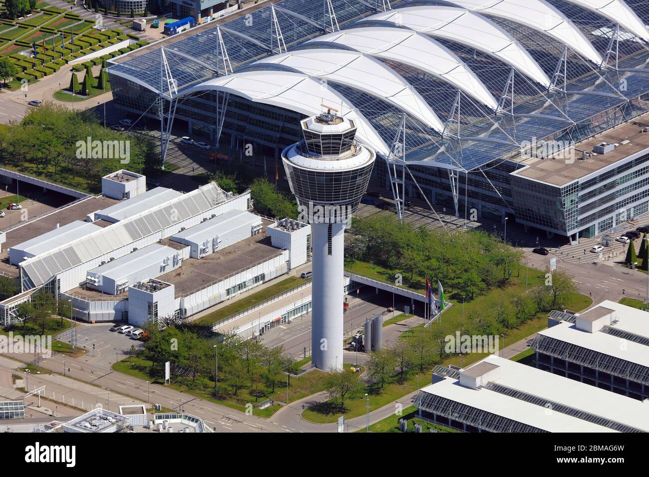 empty Munich Airport at corona crisis 2020, 07.05.2020, aerial view, Germany, Bavaria, Muenchen Stock Photo