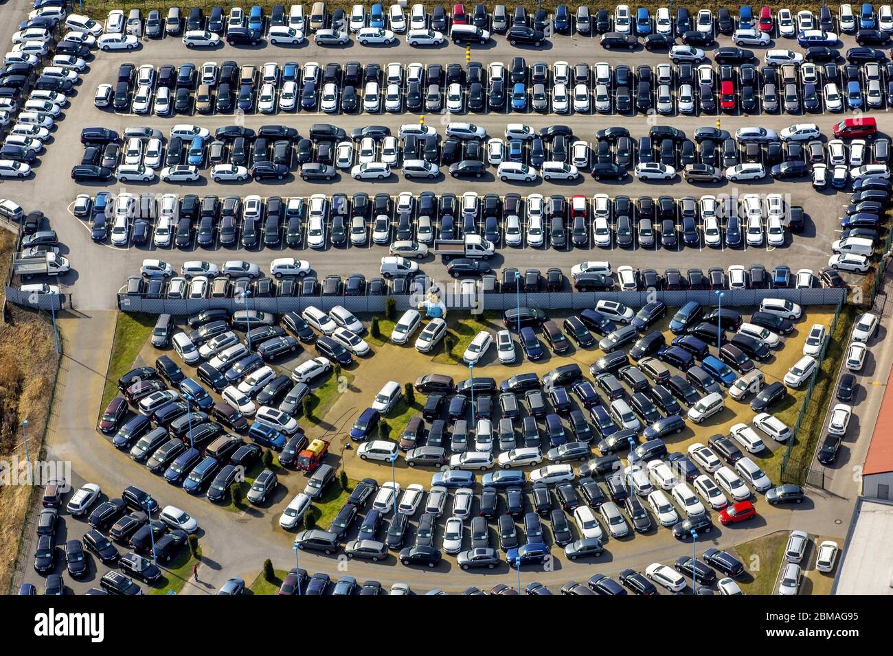 , parking and storage space for automobiles of W. Potthoff GmbH in Bockum-Hoevel, 13.03.2017, aerial view, Germany, North Rhine-Westphalia, Ruhr Area, Hamm Stock Photo