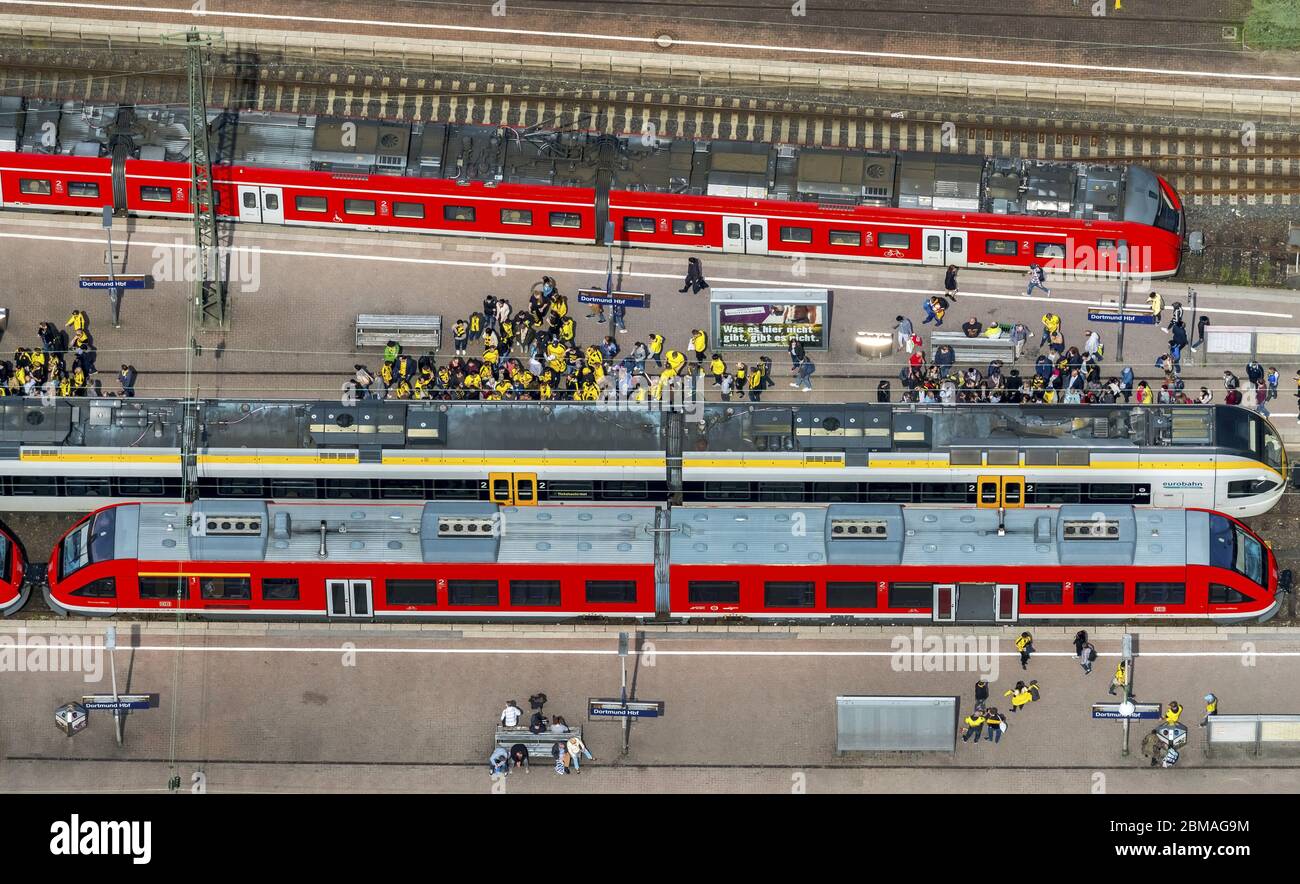 , BVB football fans at the central station, 06.05.2017, aerial view, Germany, North Rhine-Westphalia, Ruhr Area, Dortmund Stock Photo
