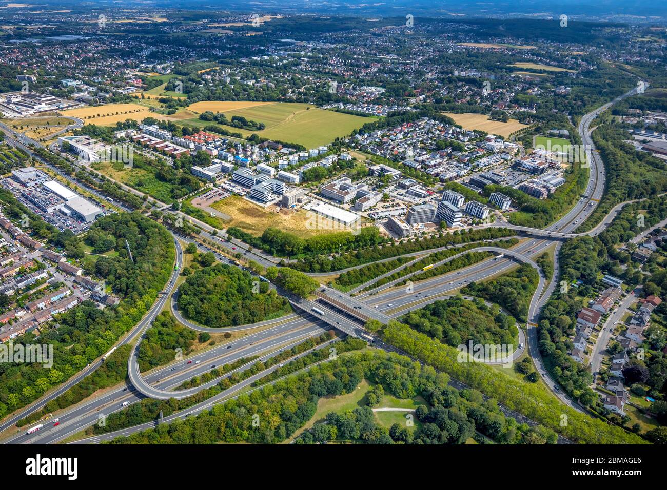 developed site Stadtkrone-Ost, Kopenhagener Strasse, Europaplatz, motorway junction B1, B236, 08.08.2019, aerial view, Germany, North Rhine-Westphalia, Ruhr Area, Dortmund Stock Photo