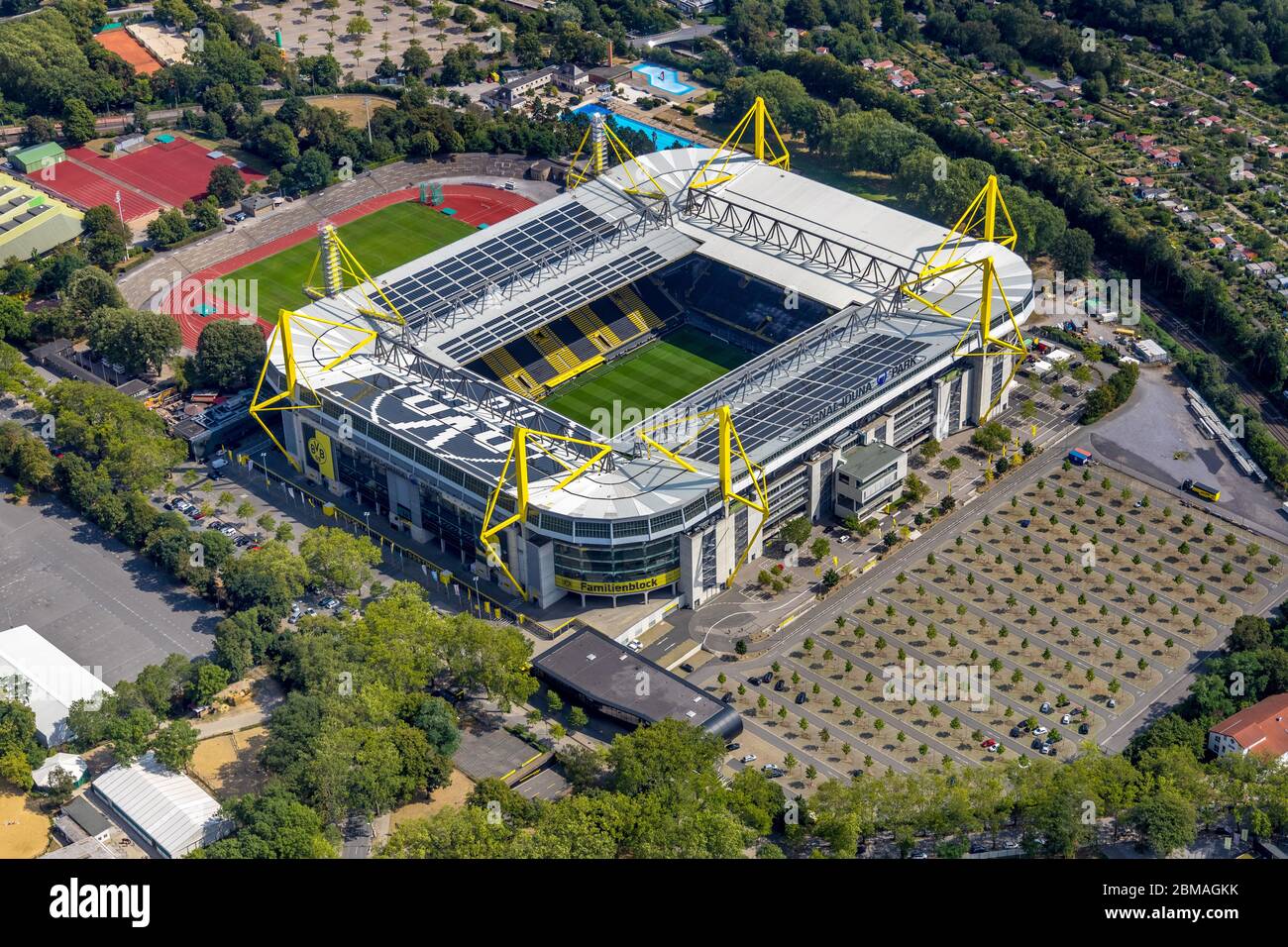 stadium Westfalenstadion of Dortmund BVB, 08.08.2019, aerial view, Germany, North Rhine-Westphalia, Ruhr Area, Dortmund Stock Photo