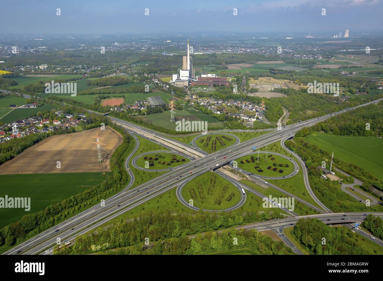 , intersection Castrop-Rauxel-Ost of motorways A 42 and A 45 and Gustav Knepper Power Station, 06.05.2017, aerial view, Germany, North Rhine-Westphalia, Ruhr Area, Dortmund Stock Photo