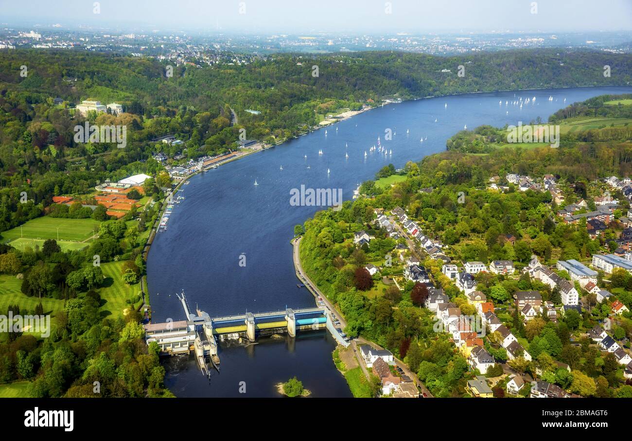 , Weir Baldeneysee Stauwehr  in Essen, 06.05.2017, aerial view, Germany, North Rhine-Westphalia, Ruhr Area, Essen Stock Photo