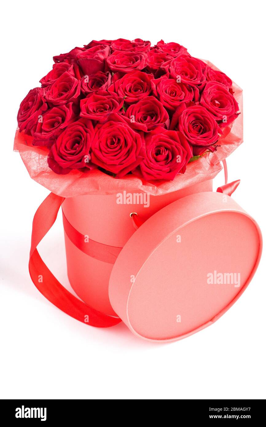 Luxury red roses in paper hat box on white background. Romantic gift for  girl or woman Stock Photo - Alamy