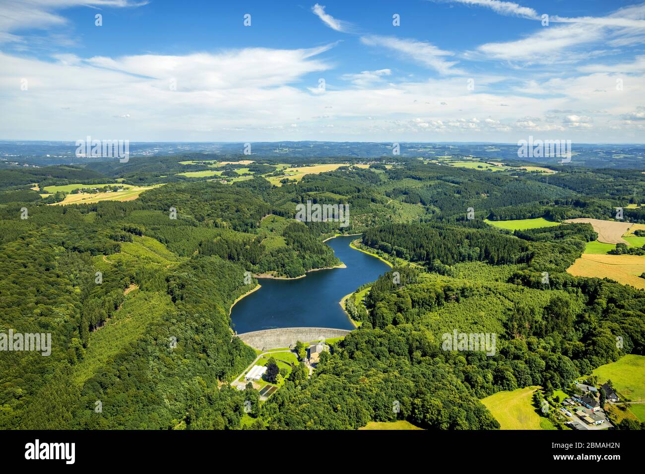 , storage lake Haspertalsperre in Ennepetal, 31.07.2017, aerial view, Germany, North Rhine-Westphalia, Ruhr Area, Ennepetal Stock Photo