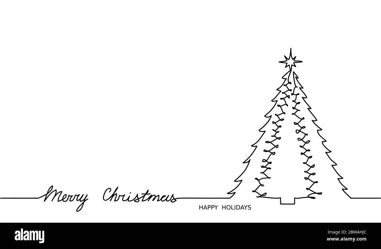 Christmas tree simple outline and Merry Christmas text . One continuous line vector drawing, minimalist background, banner, illustration of xmas Stock Vector