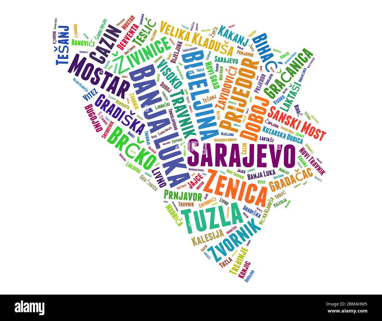 Bosnia and Herzegovina  map and list of cities word cloud concept on white background. Stock Photo