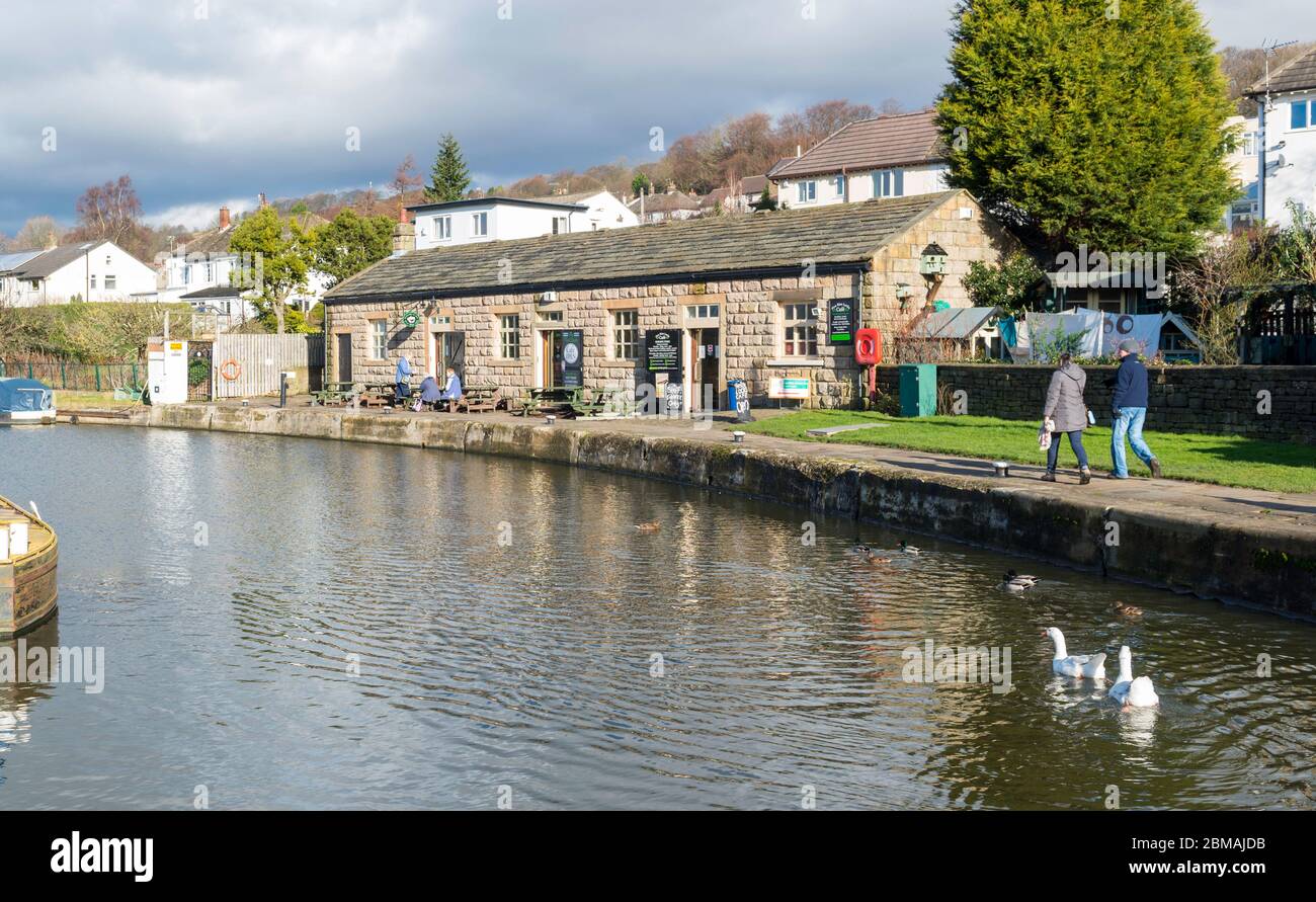 Former stable block at the Five Rise Locks on the Leeds and Liverpool Canal now converted into a popular cafe Stock Photo