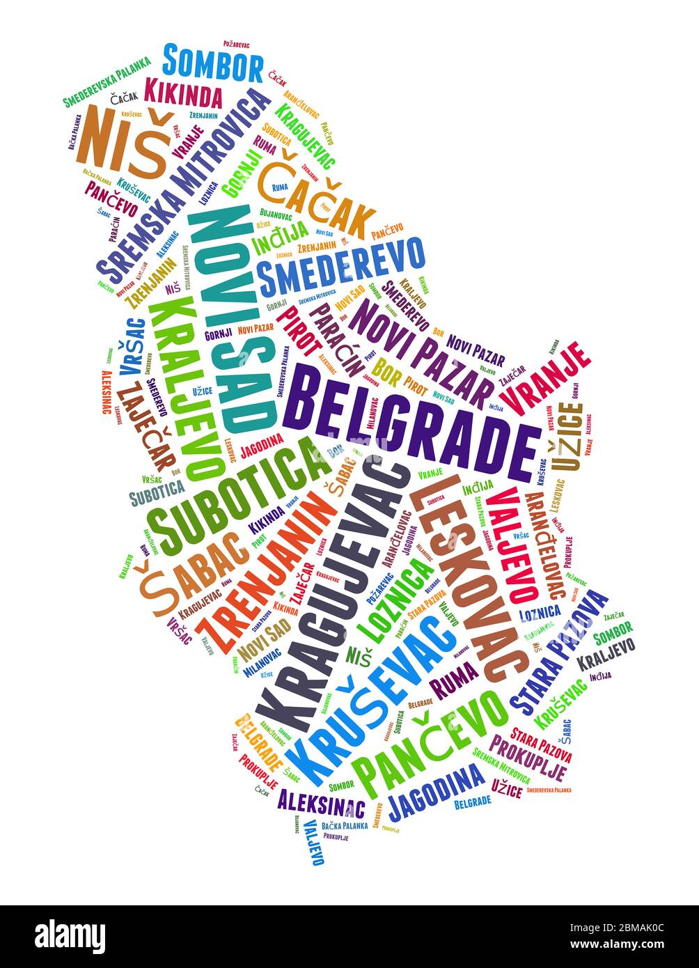 Serbia map and list of cities word cloud concept on white background. Stock Photo