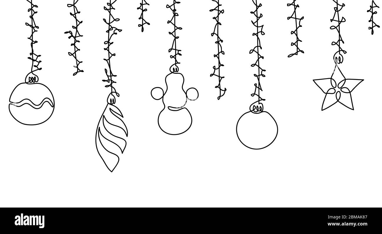 Christmas decorations, christmas toys simple contour. Seamless vector border on white background. One continuous line vector drawing, background Stock Vector