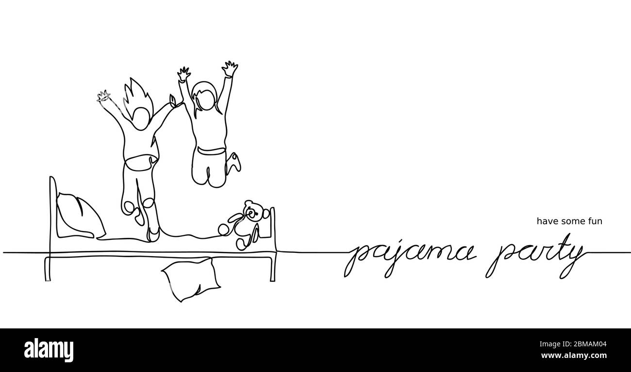 Pajama party, sleepover fun. Simple vector illustration of jumping kids on the bed. One continuous line drawing sketch, outlines of pajama party Stock Vector